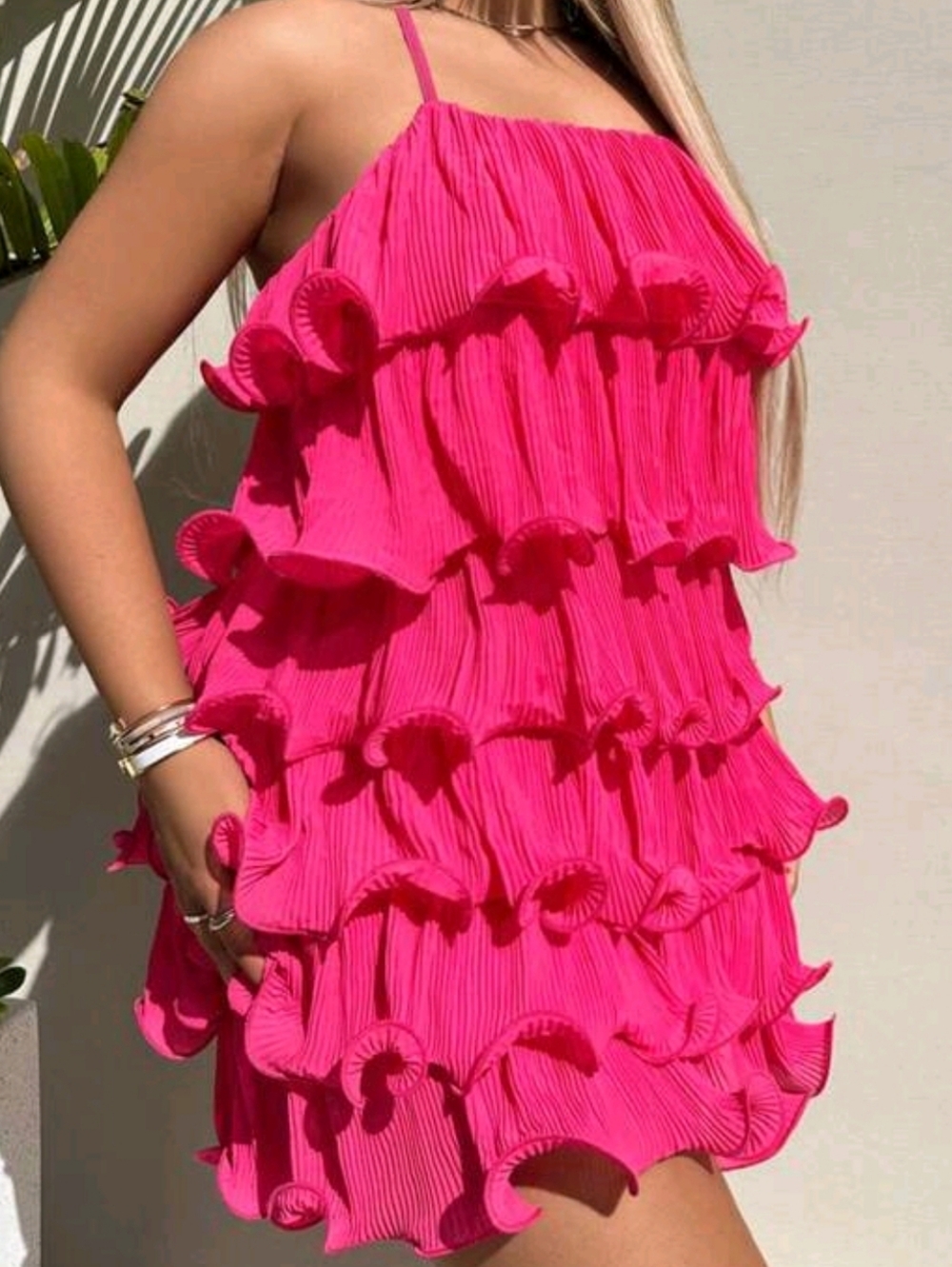 Hot Pink Ruffle Tiered Mini Dress - Picture 3 of 8